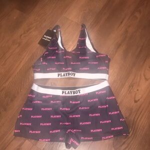 Playboy BRAND NEW PANTIES SET Black & Pink Logo Bralette and Shorts Set